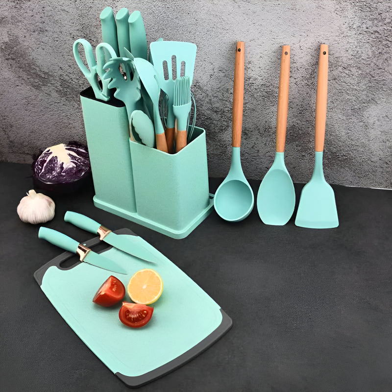 Kit Conjunto 19 Pçs De Utensílios Facas Silicone E Plástico