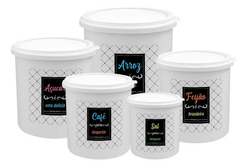 Kit 5 Potes De Mantimentos Plástico Decorado Preto Frases
