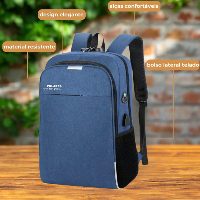 Mochila Anti Furto Polares Notebook Saída Cabo Aux Usb E Fone Ouvido Cor Preto