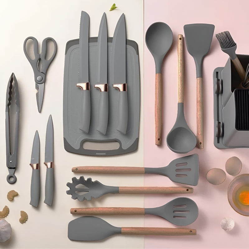 Kit Conjunto 19 Pçs De Utensílios Facas Silicone E Plástico