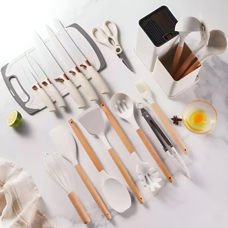 Kit Conjunto 19 Pçs De Utensílios Facas Silicone E Plástico