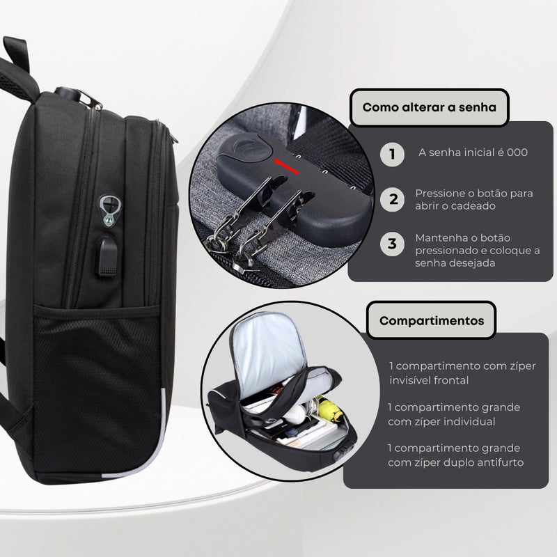 Mochila Anti Furto Polares Notebook Saída Cabo Aux Usb E Fone Ouvido Cor Preto