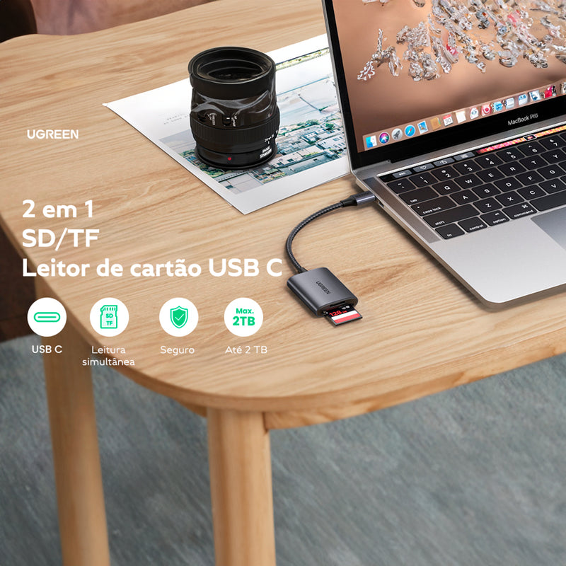 Leitor De Cartão de Memória Ugreen Usb-c Para Sd + Tf