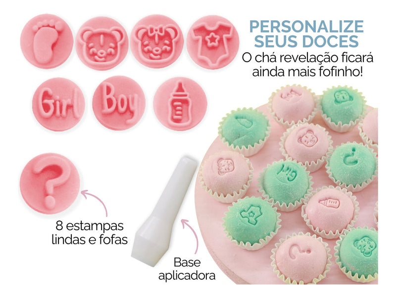 Kit Carimbo Chá De Bebê Marcador Revelação 8 Peças Boy Girl Cor Rosa Baby