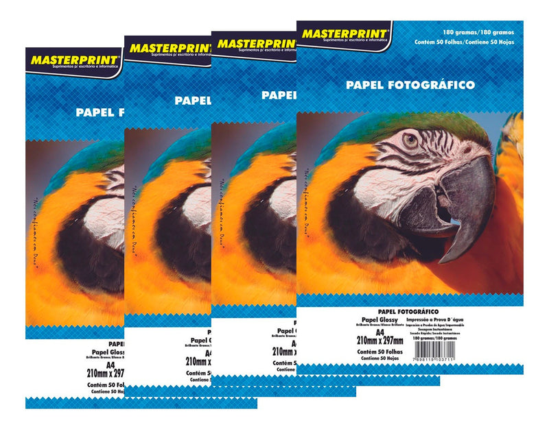Kit 200 Folhas Papel Fotografico A4 Glossy 180g Masterprint Cor Branco
