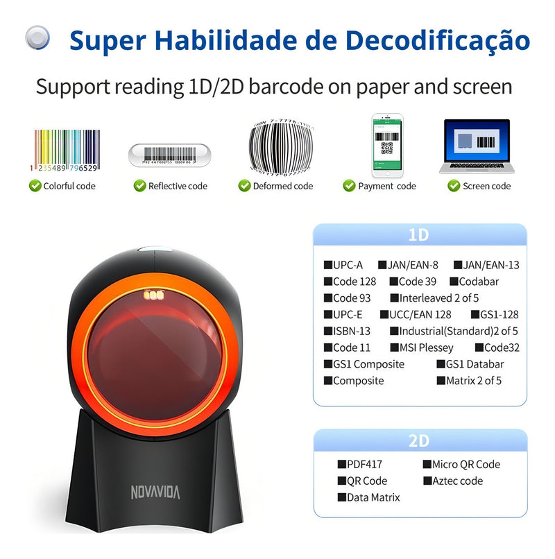 Leitor De Código De Barras Fixo Pdv Usb 1d 2d Qr Code Baisec Cor Preto