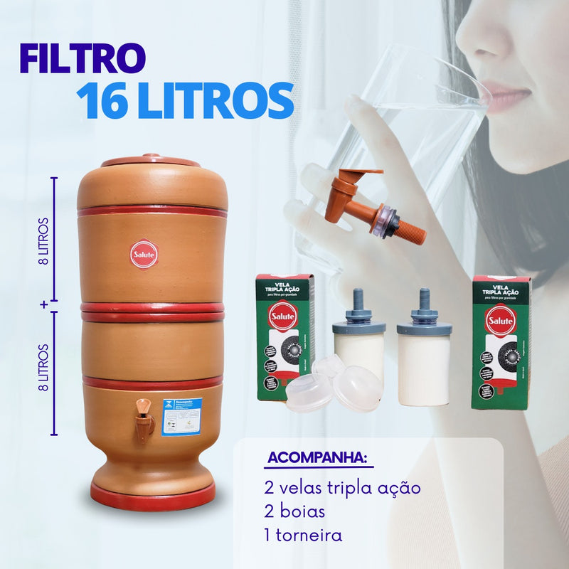 Filtro De Barro Salute 16 Litros Com Vela Tripla Ação E Bóia