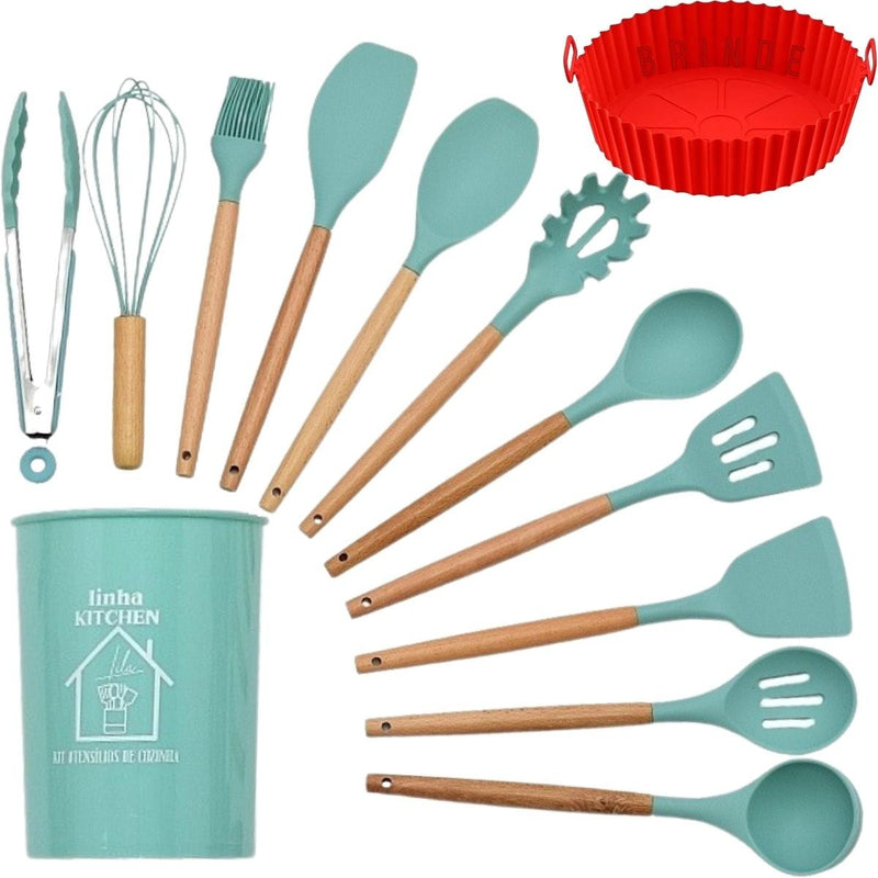 Kit Completo 12 Utensílios De Cozinha Silicone Cabo Madeira Alta Resistência Antiaderente Durável Design Moderno Ideal Para Cozinhar e Servir Com Segurança Ponte Lar Utilidades