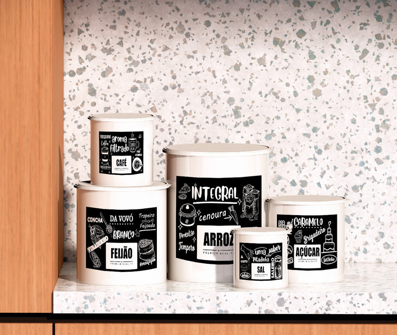 Kit 5 Potes De Mantimentos Plástico Decorado Preto Frases