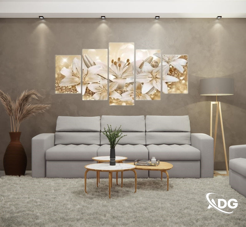 Quadros Flores Lirios Com Efeito Dourados Brilhantes 5 Peças