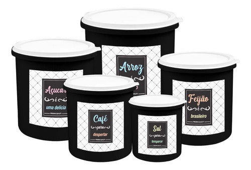 Kit 5 Potes De Mantimentos Plástico Decorado Preto Frases