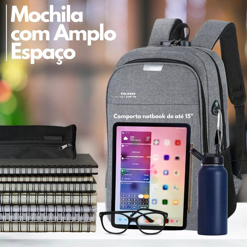 Mochila Anti Furto Polares Notebook Saída Cabo Aux Usb E Fone Ouvido Cor Preto