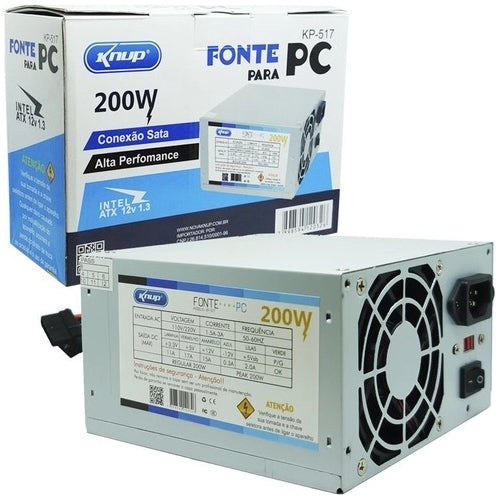 Fonte Pc Atx 200W Reais Real Silenciosa com Cabo de Força Nova Knup KP-517 Cinza