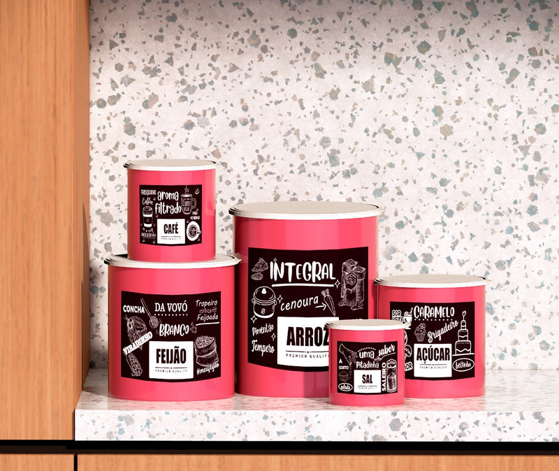 Kit 5 Potes De Mantimentos Plástico Decorado Preto Frases