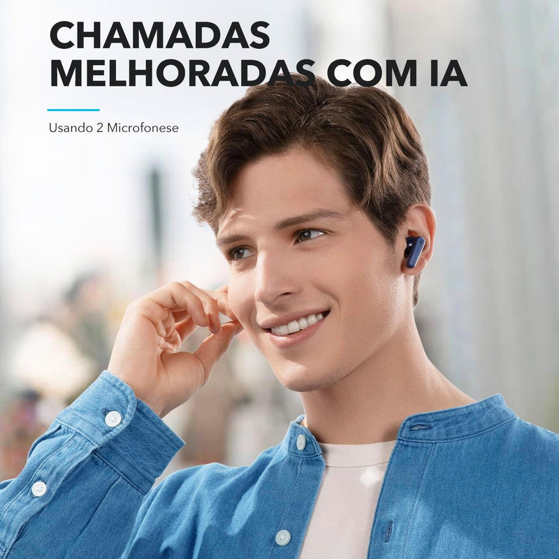 Fone de Ouvido Soundcore P20i Bluetooth 5.3 Grave Potente Drivers 10mm 30h Bateria Carregamento Rápido App Personalização De Som Via App IPX5 2 Mics IA para Chamadas Claras Case Compacto Cor Azul