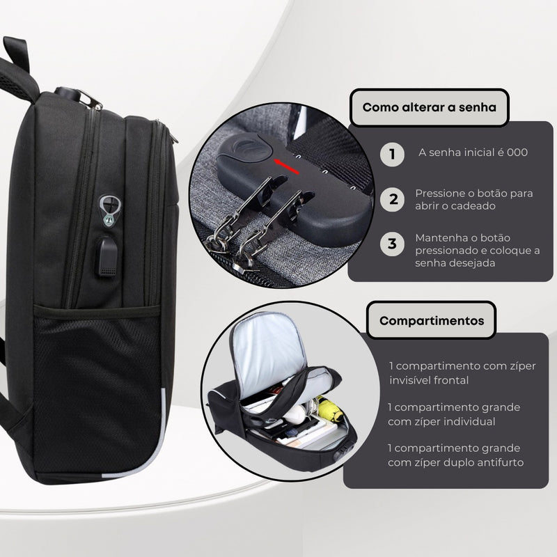 Mochila Anti Furto Polares Notebook Saída Cabo Aux Usb E Fone Ouvido Cor Preto