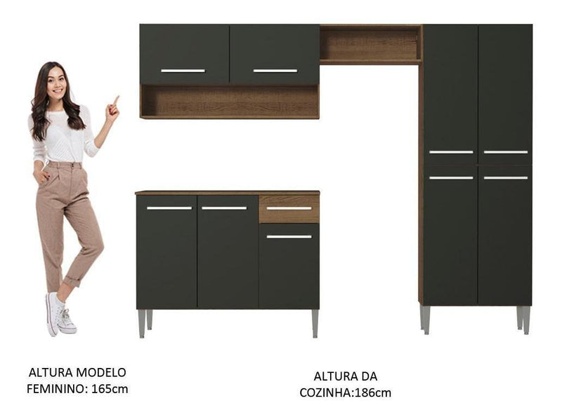 Armário de cozinha modulada completa compacta Emilly pop com armário e balcão cor rustic/preto GREM229002