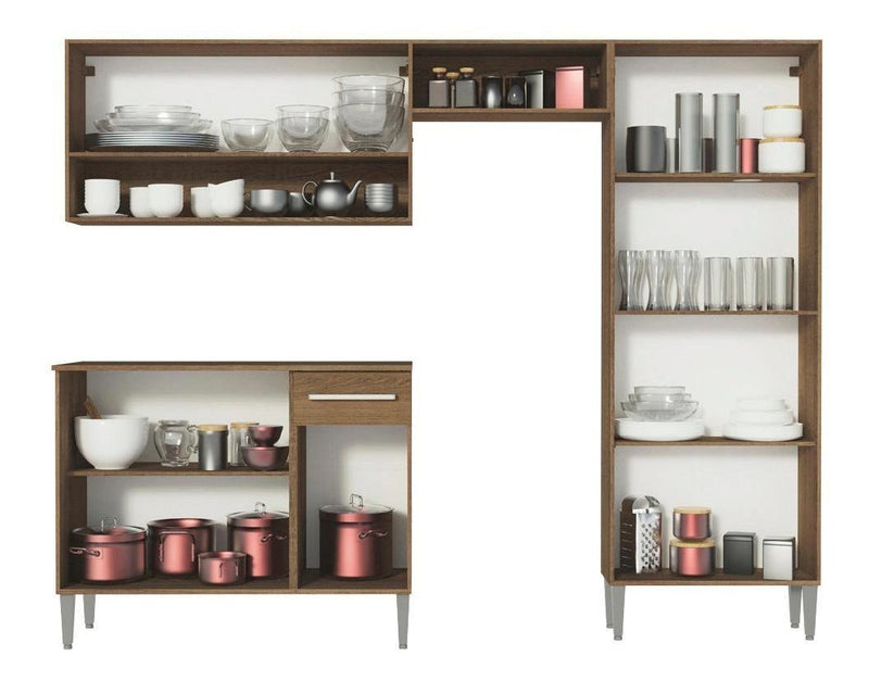 Armário de cozinha modulada completa compacta Emilly pop com armário e balcão cor rustic/preto GREM229002