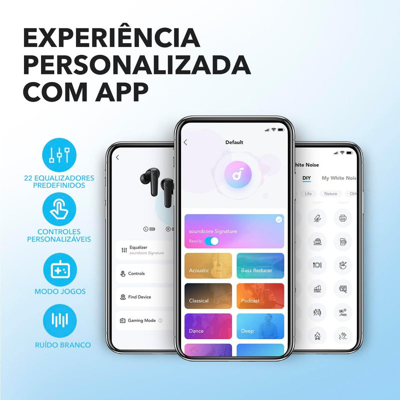 Fone de Ouvido Soundcore P20i Bluetooth 5.3 Grave Potente Drivers 10mm 30h Bateria Carregamento Rápido App Personalização De Som Via App IPX5 2 Mics IA para Chamadas Claras Case Compacto Cor Azul