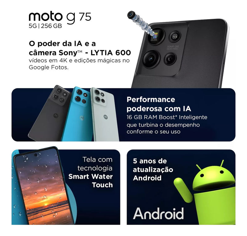 Smartphone Motorola Moto g75 5G - 256GB 16GB (8GB RAM+8GB Ram Boost) e 50MP Sony Lytia 600 Camera Moto AI Ultrarresistencia militar - Preto