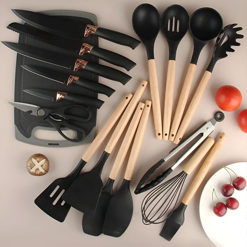 Kit Conjunto 19 Pçs De Utensílios Facas Silicone E Plástico