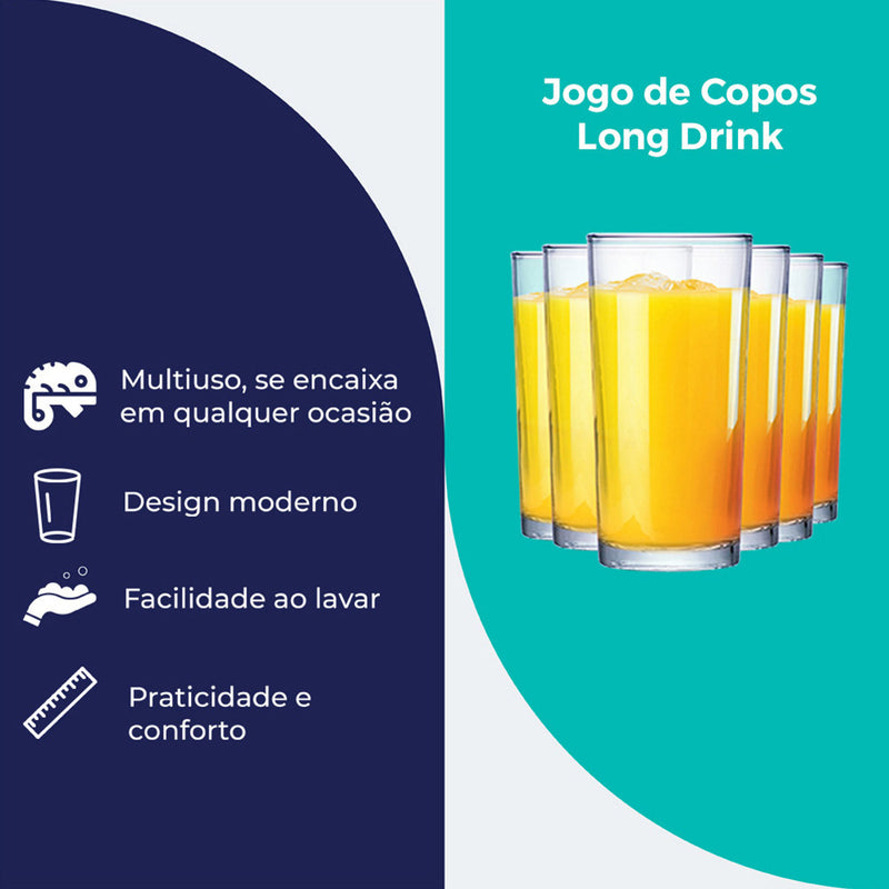 Jogo de Copos de Vidro Long Drink para Água e Suco 255ml 6pcs Ruvolo