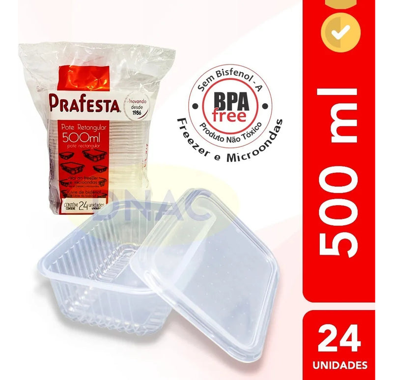 Marmita Micro-ondas Freezer 500ml Prafesta Com 24 UN. Pote Fitness
