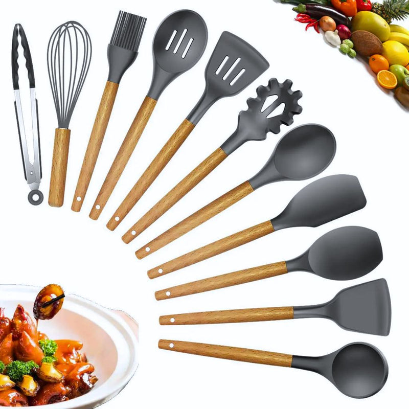 Kit Completo 12 Utensílios De Cozinha Silicone Cabo Madeira Alta Resistência Antiaderente Durável Design Moderno Ideal Para Cozinhar e Servir Com Segurança Ponte Lar Utilidades