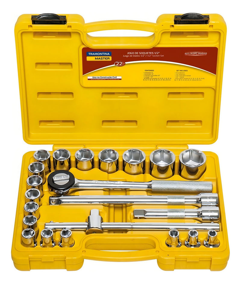 Jogo Soquete Sextavado 8-32mm Encaixe 1/2 22 Pc Tramontina