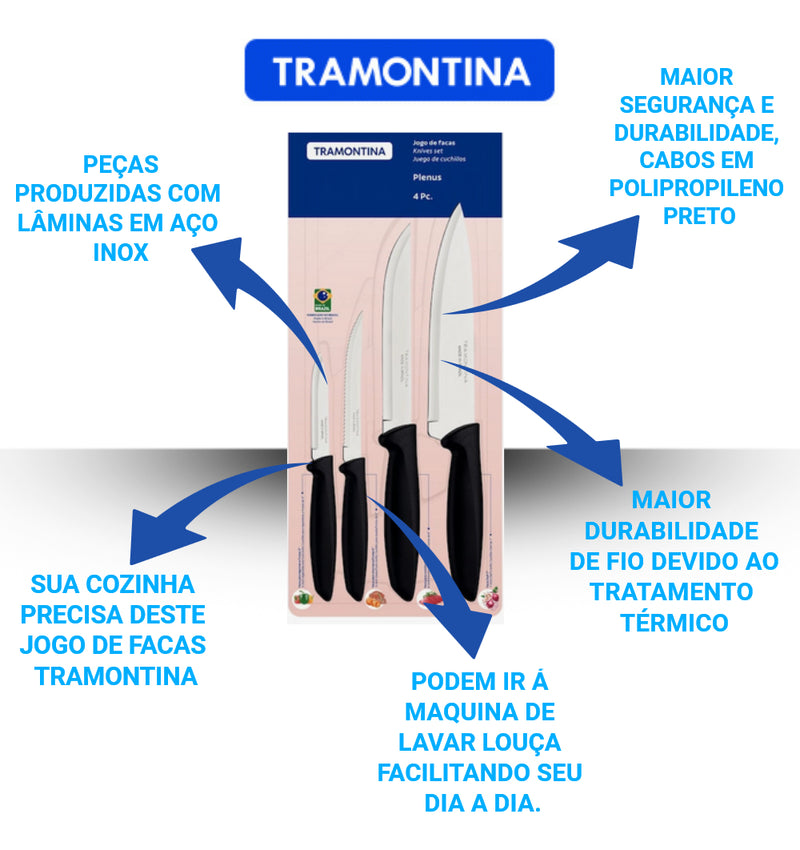 Jogo Facas Tramontina Kit Conjunto Faca Cozinha Churrasco 4p