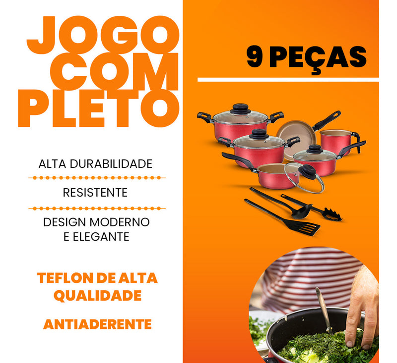 Jogo De Panelas Antiaderente 9 Peças Teflon Várias Cores