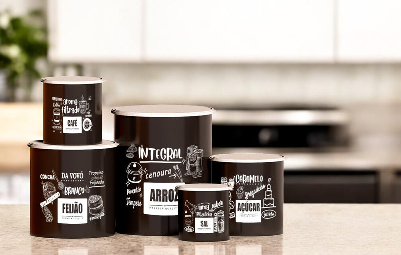 Kit 5 Potes De Mantimentos Plástico Decorado Preto Frases