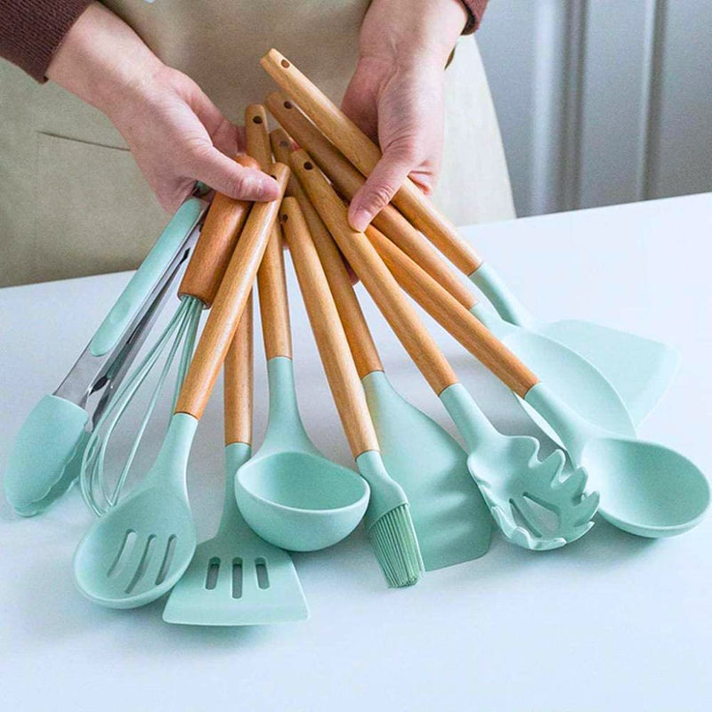 Kit Completo 12 Utensílios De Cozinha Silicone Cabo Madeira Alta Resistência Antiaderente Durável Design Moderno Ideal Para Cozinhar e Servir Com Segurança Ponte Lar Utilidades