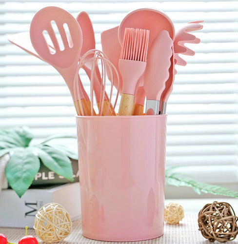 Kit Completo 12 Utensílios De Cozinha Silicone Cabo Madeira Alta Resistência Antiaderente Durável Design Moderno Ideal Para Cozinhar e Servir Com Segurança Ponte Lar Utilidades