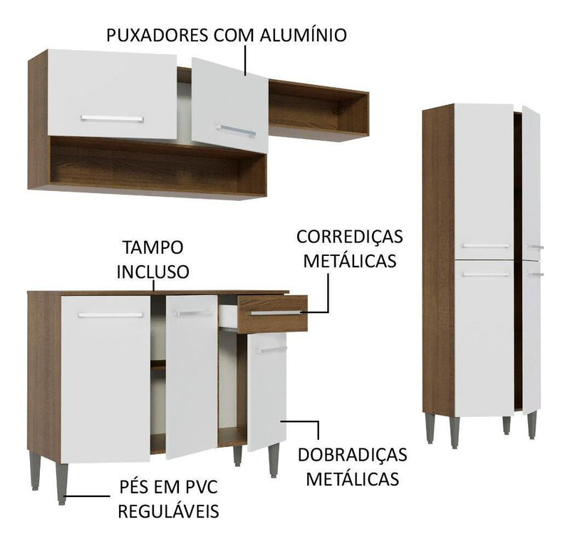 Armário de cozinha modulada completa compacta Emilly pop com armário e balcão cor rustic/preto GREM229002