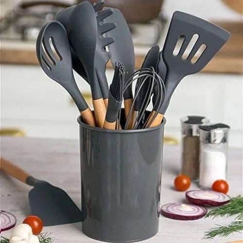 Kit Completo 12 Utensílios De Cozinha Silicone Cabo Madeira Alta Resistência Antiaderente Durável Design Moderno Ideal Para Cozinhar e Servir Com Segurança Ponte Lar Utilidades
