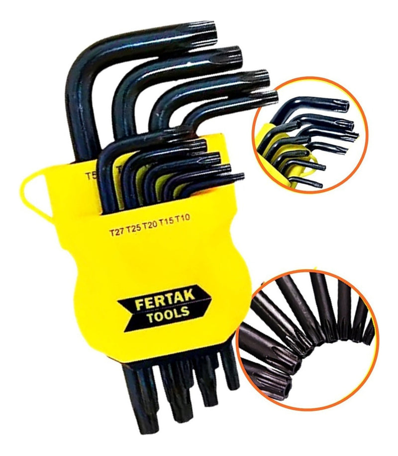 Jogo de Chave Torx Fertak Pequena 9 Peças T10 A T50 Com Furo Tipo L 2409 Cor Preto