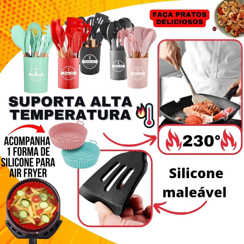 Kit Completo 12 Utensílios De Cozinha Silicone Cabo Madeira Alta Resistência Antiaderente Durável Design Moderno Ideal Para Cozinhar e Servir Com Segurança Ponte Lar Utilidades